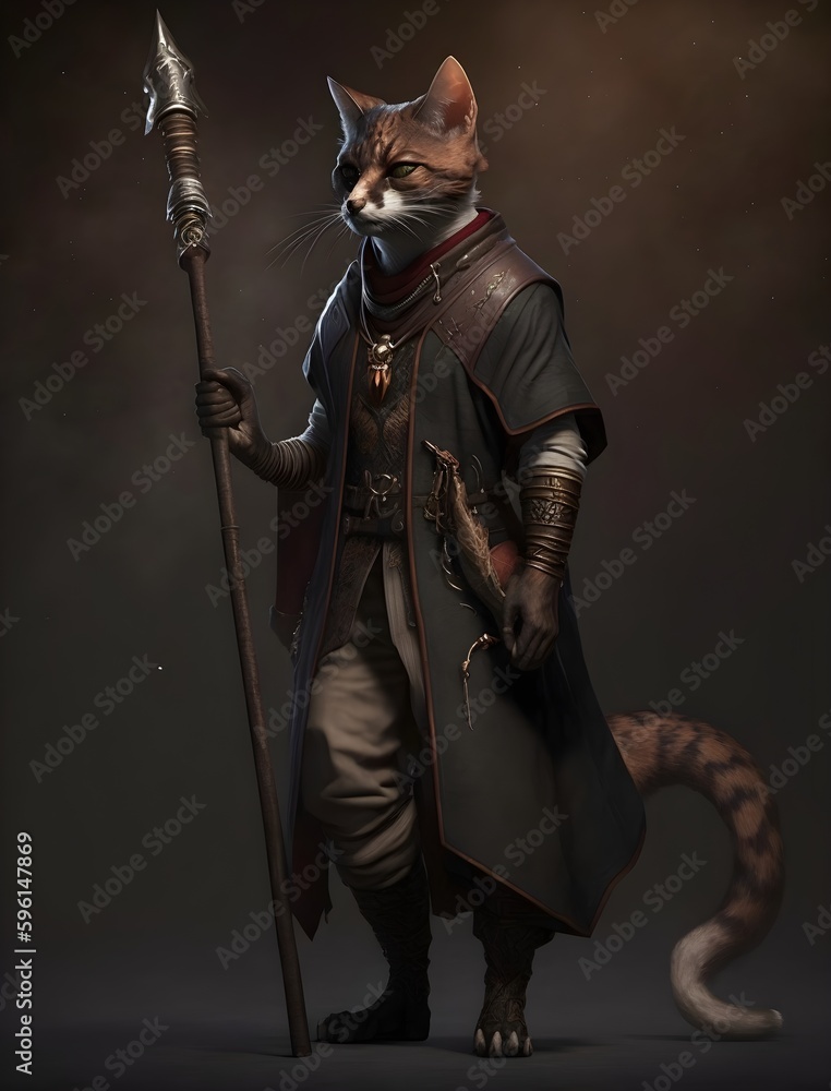 male DnD race tabaxi DnD class wizard 152 centimeters tall dark fur