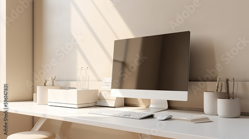 a modern home office with a stylish desktop computer in white and warm colours. Generative AI