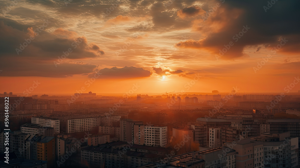 sunrise over a city with many prefab houses. Generative AI