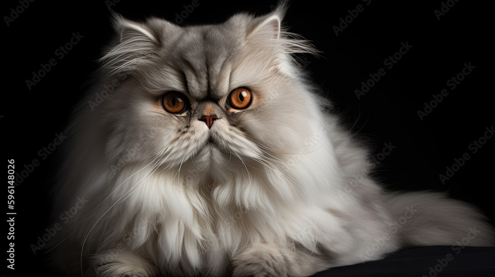 A beautiful white Persian cat with orange eyes isolated on black background. Generative AI