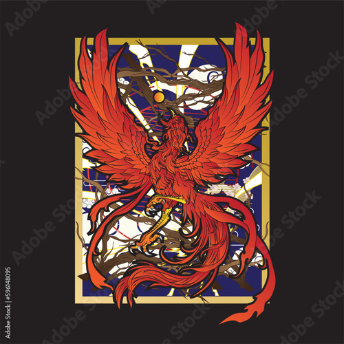 phoenix illustration with japanese style background