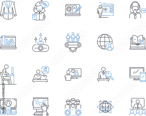 Product group line icons collection. Technology, Innovation, Efficiency, Design, Performance, Quality, Durability vector and linear illustration. Reliability,Style,Functionality outline signs set