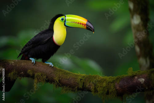 Keel billed Toucan, Ramphastos sulfuratus, large billed bird, Boca Tapada, Costa Rica, perched on a branch in the forest. Central American travel to natural areas, generative AI © Kien