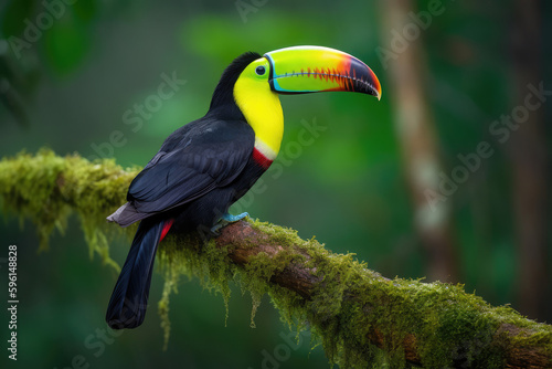 Keel billed Toucan, Ramphastos sulfuratus, large billed bird, Boca Tapada, Costa Rica, perched on a branch in the forest. Central American travel to natural areas, generative AI