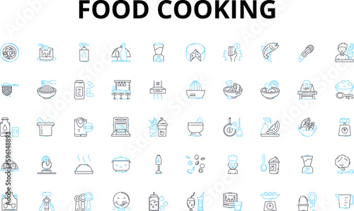 Food cooking linear icons set. Saut??ing, Grilling, Baking, Frying, Roasting, Braising, Boiling vector symbols and line concept signs. Simmering,Stir-fry,Steaming illustration