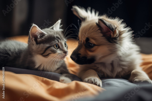 Petting a puppy and a kitten together as best buddies on the bed, generative AI