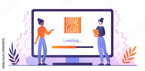 Computer firmware concept. Women next to monitor with progress scale. Gadgets and devices, system update and installation. Technical support and IT specialists. Cartoon flat vector illustration