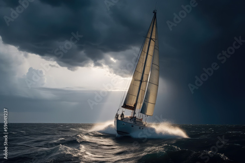 Yacht sailing in a storm with lightning and thunder, generative AI