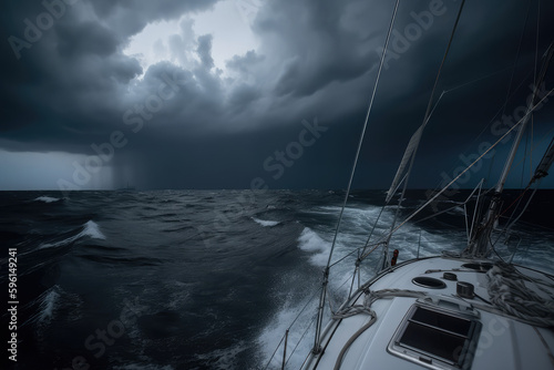 Yacht sailing in a storm with lightning and thunder, generative AI photo