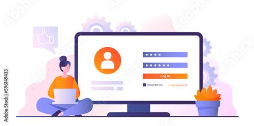 Person login concept. Woman with laptop sits and enters password, logs in to website. Internet data security and user verification, protection. Account or profile. Cartoon flat vector illustration