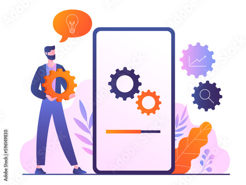 Idea processing concept. Man with gear or coghweel stands near smartphone with progress bar. Young guy with idea, insight and brainstorming. Cartoon flat vector illustration