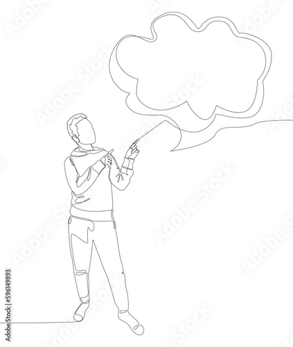 One continuous line of Man pointing with finger at empty Speech Bubble. Thin Line Illustration vector concept. Contour Drawing Creative ideas.