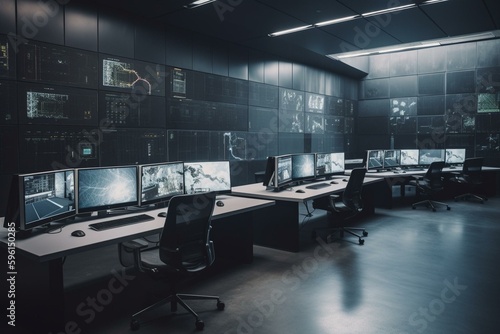 A spacious control room for a security system with several displays and an empty office nearby. Generative AI