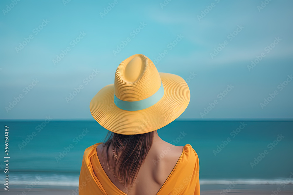 Back view of a woman wearing a hat sitting on a beach. Created with Generative AI Technology