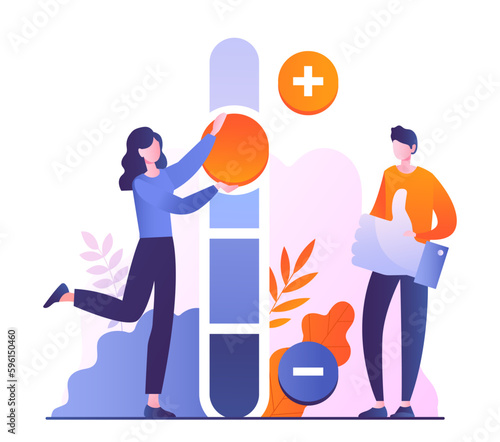 Content classification concept. Man with like and woman with scale evaluate. Meine users, rating and ranking. SMM and SEO specialists