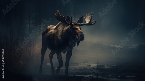 Wild moose in a dark forest, fog, dark, eerie, national geographic photography style, horizontal format 16:9. Generative AI