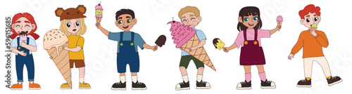 Group of cute little children with delicious ice cream on white background
