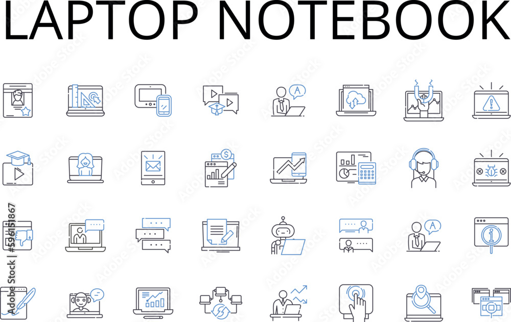 Laptop notebook line icons collection. Portable computer, Mobile computer, Notebook computer, Personal computer, Ultrabook, Chromebook, Netbook vector and linear illustration. Mini-laptop,Convertible