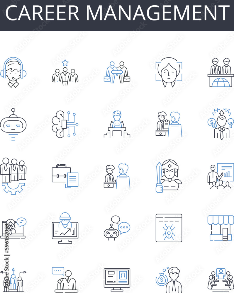 Career management line icons collection. Job development, Work progress, Employment strategy, Professional planning, Career progression, Business growth, Vocation maintenance vector and linear