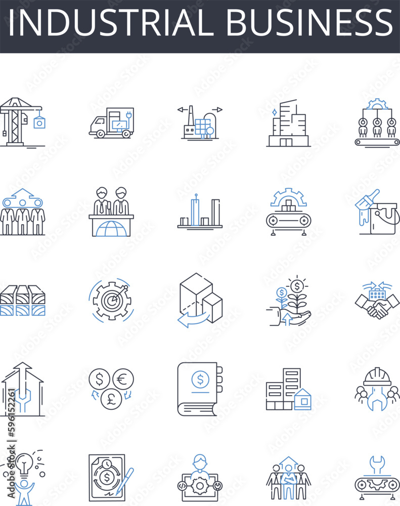 Industrial business line icons collection. Creative marketing, Corporate finance, Environmental impact, Financial services, Social media, Urban development, Human resources vector and linear