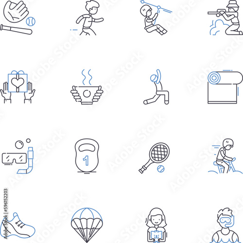 Time away from work and sports line icons collection. Vacation, Holiday, Sabbatical, Break, Retreat, Relaxation, Adventure vector and linear illustration. Escape,Quickie,Rejuvenation outline signs set