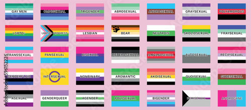 Set of LGBTQ flags on color background