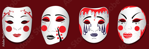 Set of Japanese Kabuki masks on color background
