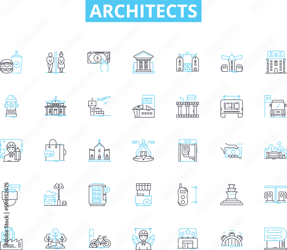 Architects linear icons set. Design, Blueprint, Building, Construction, Innovation, Structure, Aesthetic line vector and concept signs. Engineering,Creativity,Planning outline illustrations