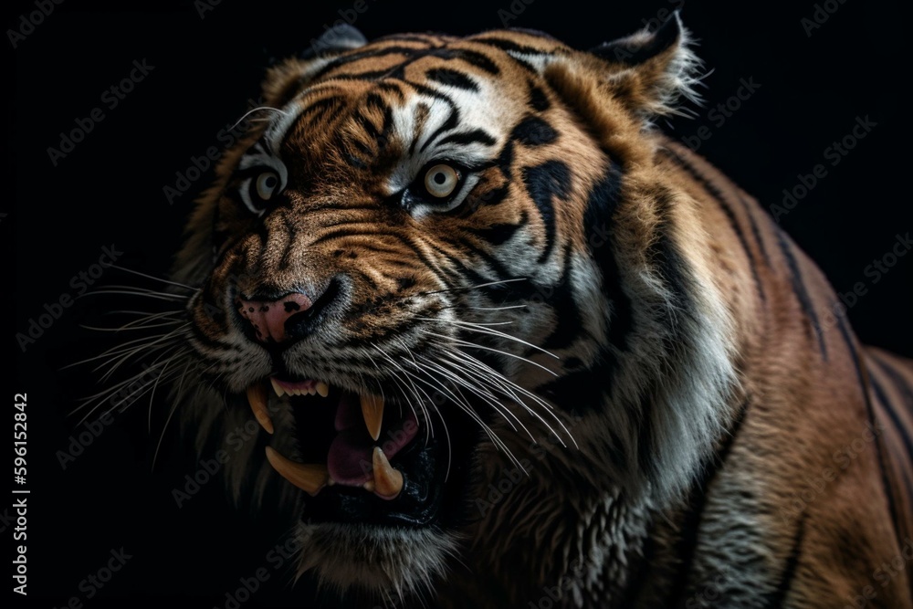 A powerful, ancient tiger with large, curved teeth. Generative AI