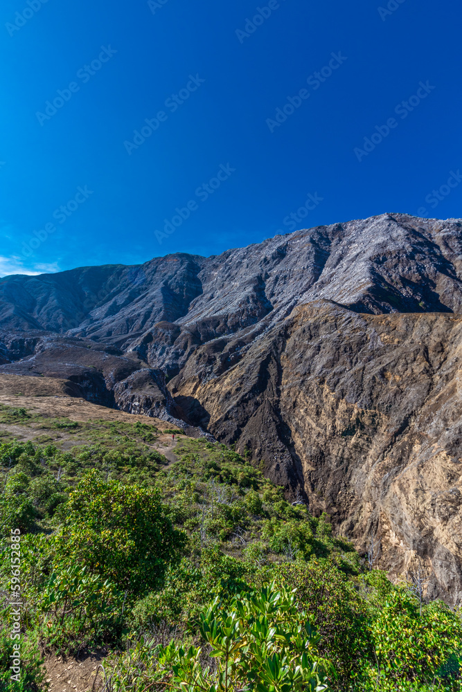 vertical shot of volcanic landscape with rocky and arid mountains in Volcan Poas National Park in Alajuela province of Costa Rica