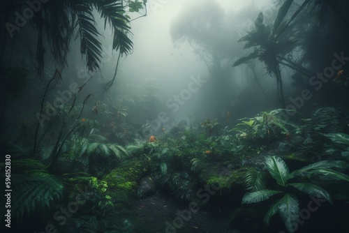 A creepy wallpaper of a misty jungle in the rain with dense fog. Generative AI