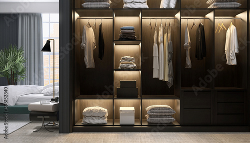 Canvastavla Modern, luxury brown wooden built in, walk in closet wardrobe on carpet floor in