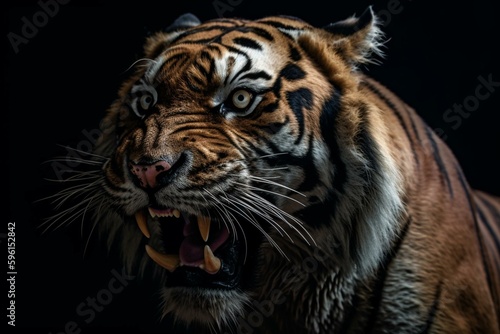 A powerful, ancient tiger with large, curved teeth. Generative AI © Renata