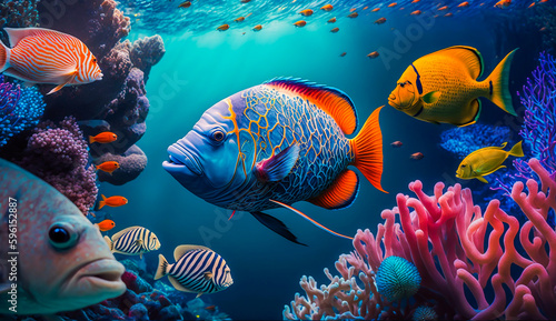 Fototapeta Naklejka Na Ścianę i Meble -  group of colorful fish and sea animals with colorful coral underwater in ocean, Generative AI