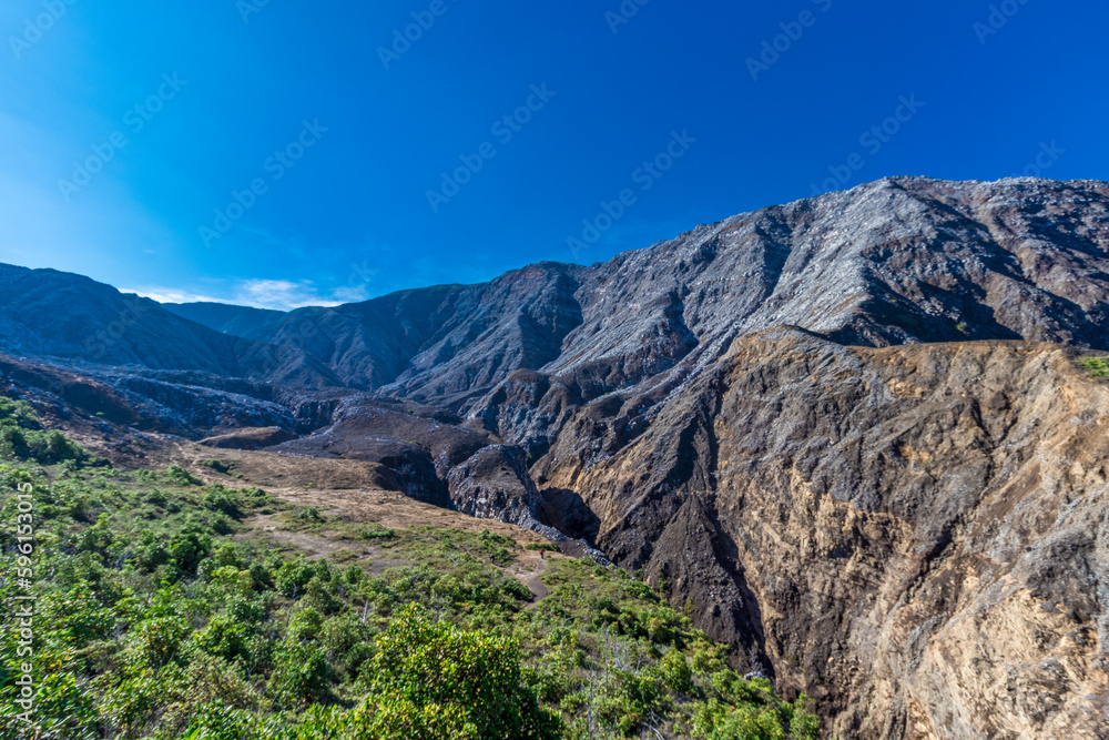 volcanic landscape with rocky and arid mountains in Volcan Poas National Park in Alajuela province of Costa Rica