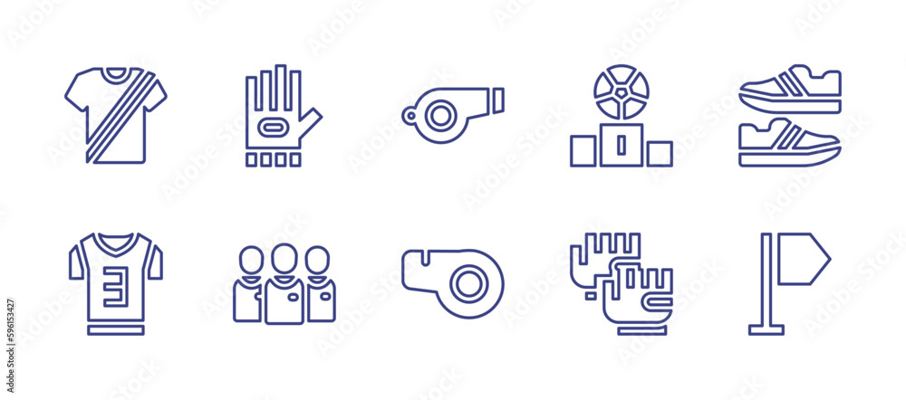 Football line icon set. Editable stroke. Vector illustration. Containing football uniform, gloves, whistle, podium, shoes, shirt, team, referee, direction sign.