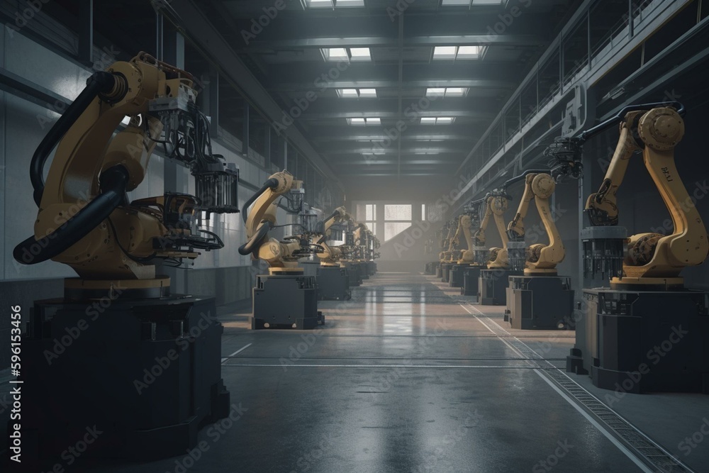 3D illustration of robots in a smart factory. Automated machines powered by AI technology. Generative AI
