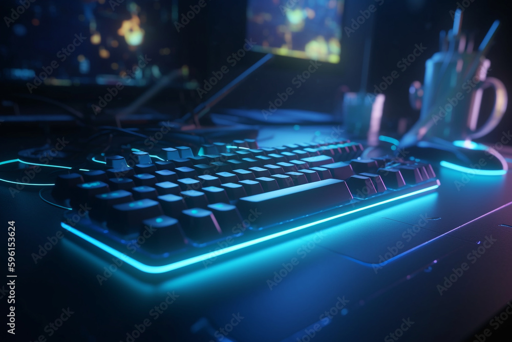 Creative workspace with neon-lit keyboard and mouse, Generative AI Creative workspace with neon-lit keyboard and mouse, Generative AI
