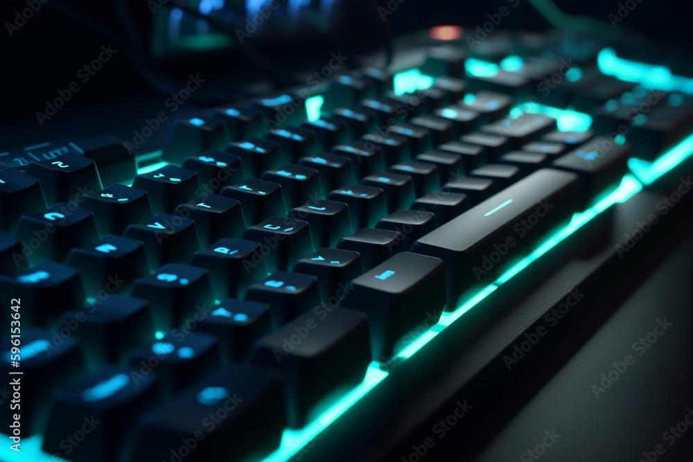 Close-up of gamer's keyboard with LED backlighting, Generative AI	