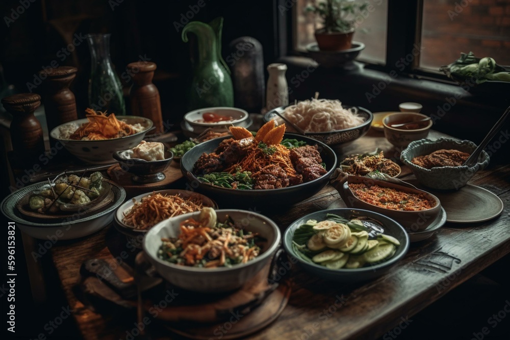 Assorted dishes on a restaurant table in Myanmar. Generative AI