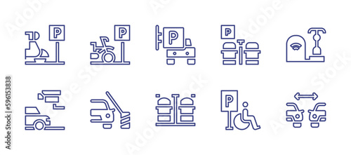 Parking line icon set. Editable stroke. Vector illustration. Containing motorcycle, bicycle, parking, parking lot, bike, barrier, parking area, distance. © Huticon