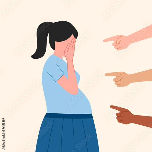 Sad pregnant teenager with public blame in flat design.
