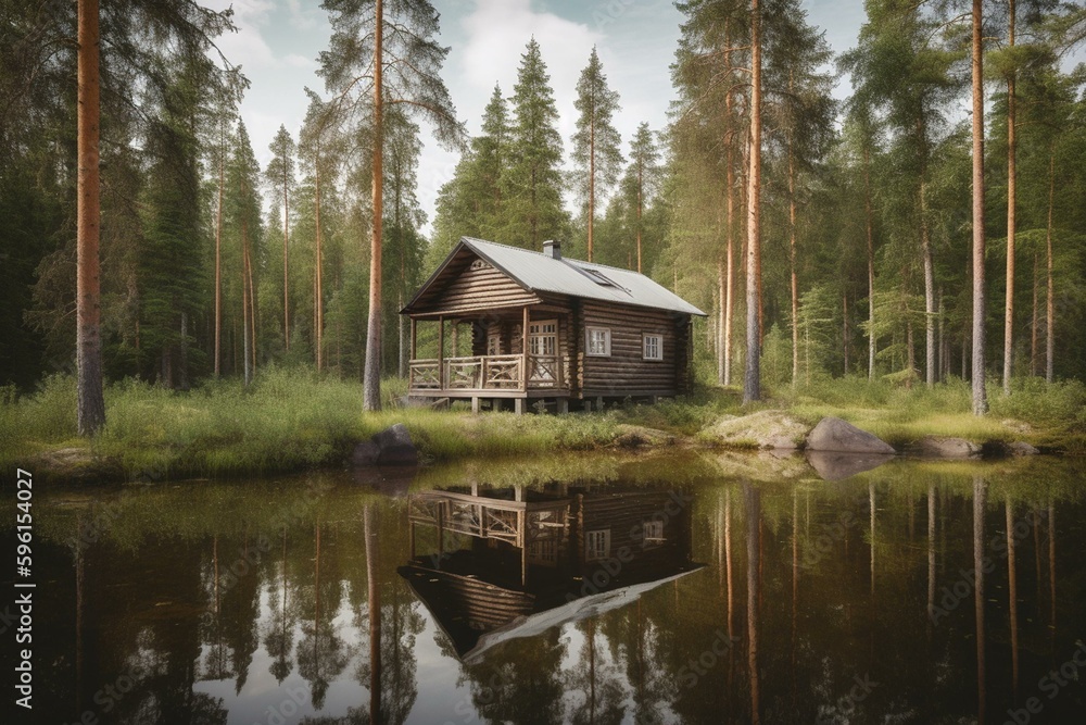 Summer cabin in Finland pine forest by lake. Generative AI