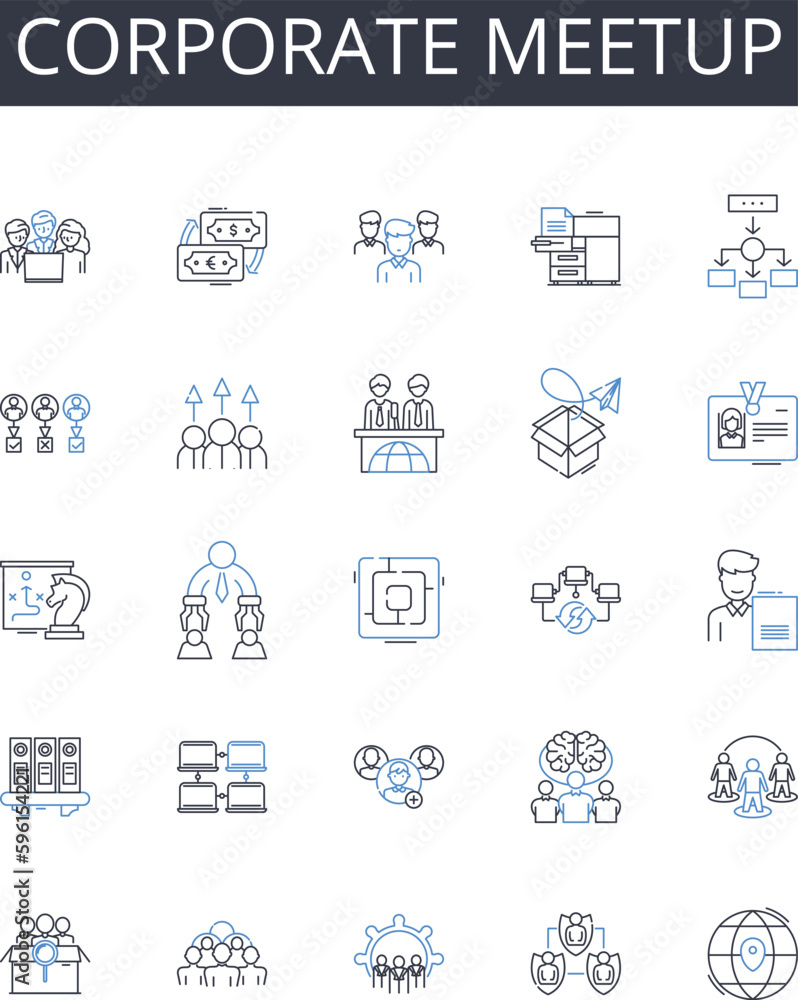 Corporate meetup line icons collection. Business conference, Executive retreat, Team building, Professional gathering, Company summit, Business seminar, Corporate rally vector and linear illustration
