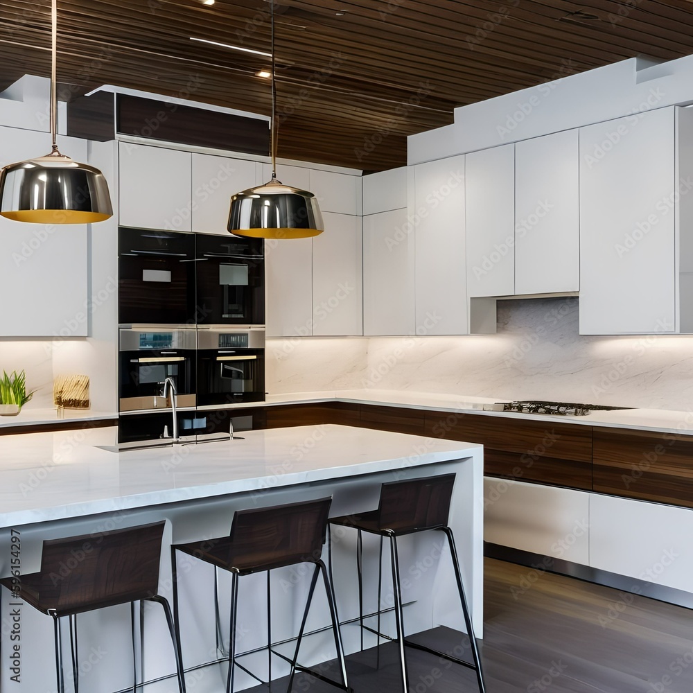 16 A sleek, modern kitchen with a mix of white and stainless steel finishes, a large island with seating, and a mix of open and closed storage4, Generative AI 16 A sleek, modern kitchen with a mix of white and stainless steel finishes, a large island with seating, and a mix of open and closed storage4, Generative AI