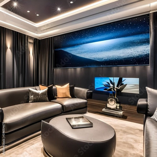 16 A sleek, modern home theater with a mix of black and metallic finishes, a large projection screen, and a mix of comfortable seating options3, Generative AI