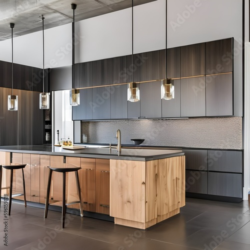 3 A contemporary, industrial-inspired kitchen with a mix of metal and wood finishes, a large island with seating, and a mix of open and closed storage5, Generative AI