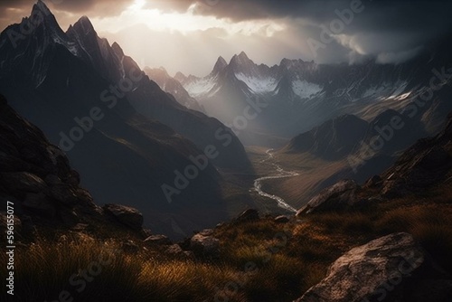 Beautiful mountain landscape with unique lighting. Generative AI