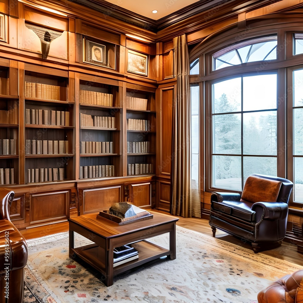 3 A traditional-style home library with a mix of wooden and leather finishes, a classic fireplace mantel, and a mix of open and closed storage for books and decor4, Generative AI