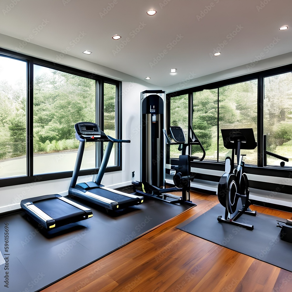 7 A sleek, modern-style home gym with a mix of white and black finishes, a large wall-mounted mirror, and a mix of workout equipment2, Generative AI